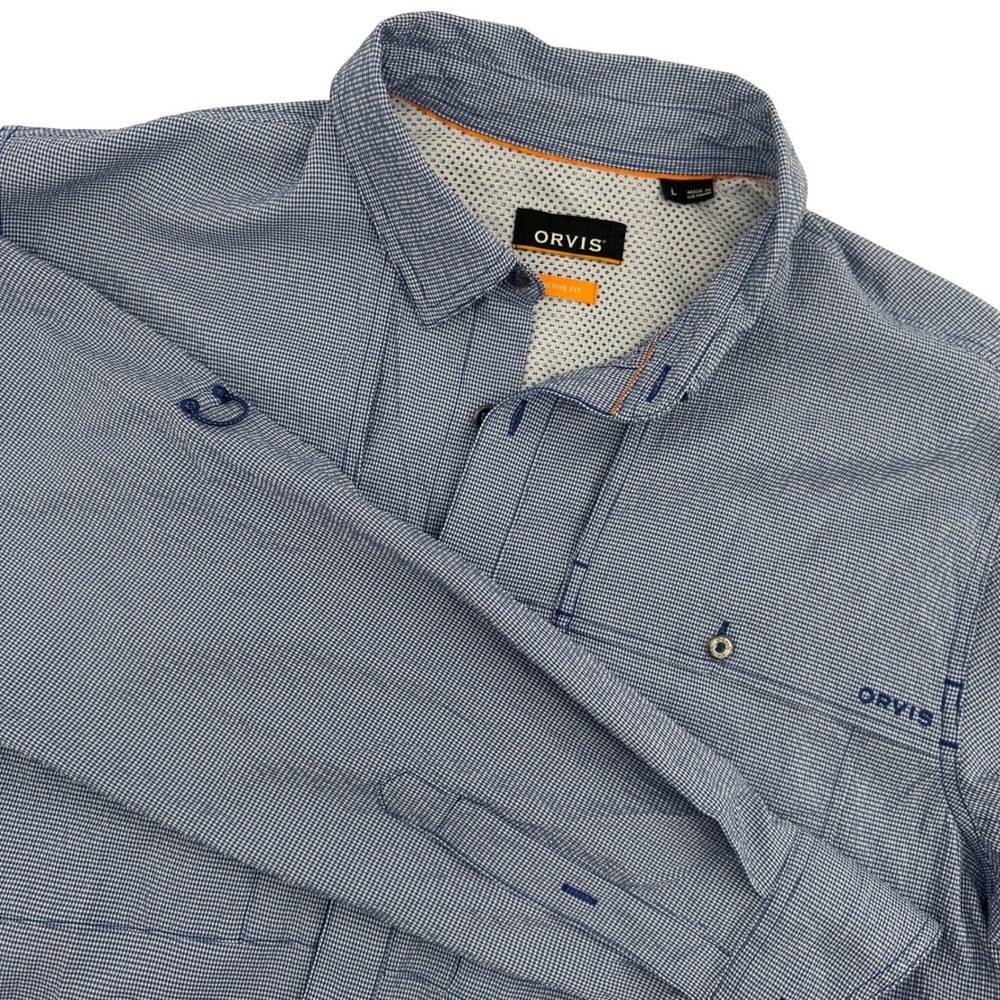 Orvis Mens Large Active Fit Blue Micro Check Long Sleeve Fishing Button Down
